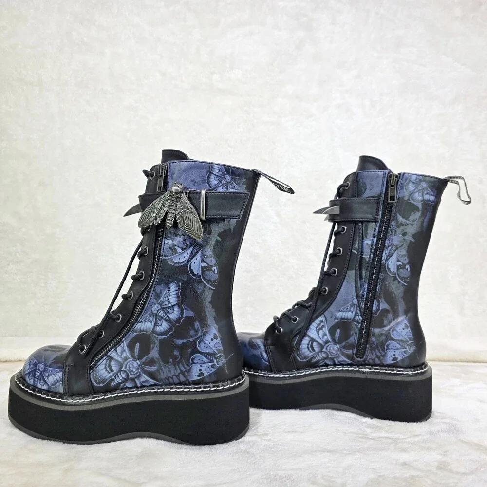 NIB NEW DEMONIA Emily Death Moth Skull Graphic Platform Goth Punk Mid Calf Boots - Picture 1 of 16